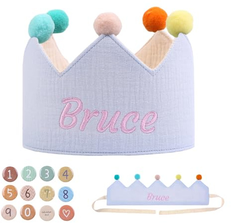 Lam Hub Fong Personalisierte Geburtstagskrone für Kinder Stoff Partyhut mit Name & Zahlenabzeichen Verstellbare Baby und Kinderkrone Deko für Geburtstag & Fotos