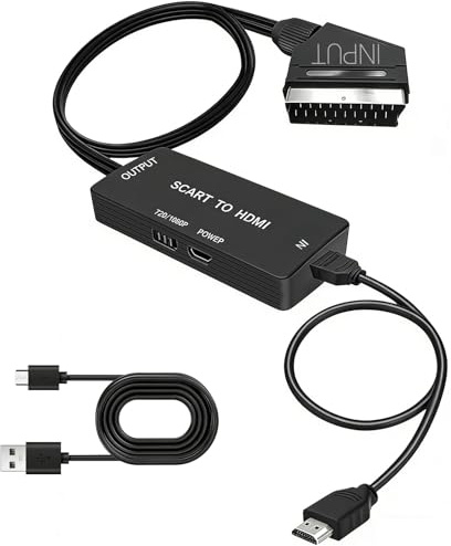 Scart to HDMI Converter with Cables, Full HD 720p/1080p Output Switchable, Analog to Digital Video Audio Adapter for VHS Player and Game Consoles