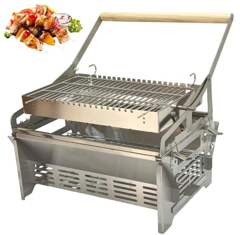 Parrilla Barbacoa Giratoria, Parrillas de Acero Inoxidable con 3 Posiciones Ajustables, Doble Cara, Sistema Manual Push Pull de Giro Automático, para Picnic Jardín Fiesta