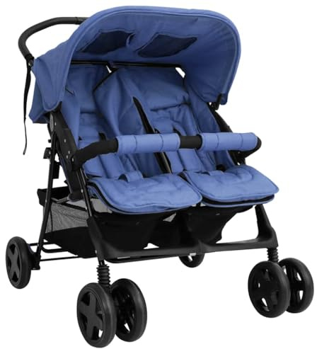 GeenYuu Passeggino gemello blu navy in acciaio con design pieghevole e tettuccio parasole, adatto per 2 bambini con funzione sdraiata, compatto, leggero per città, viaggi e fuoristrada