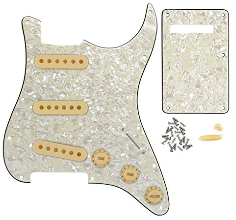 FLEOR Set completo di ST Guitar SSS Pickguard Backplate con 3 pz 52 mm Pickup Covers 2T1V Manopole di Controllo Punta Selettore Braccio Bar Cap, Perla Invecchiata