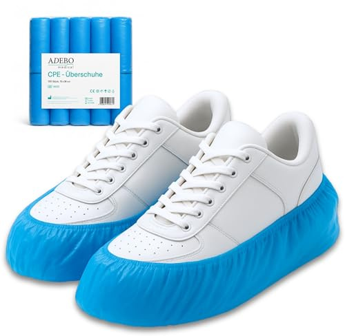 ADEBO Schuhüberzieher Wasserdicht | 100 Stück | CPE Überschuhe 3 g | rutschfest, reißfest | Universelle Passform | Einweg | Für Haushalt & Gewerbe