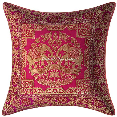Stylo Culture Bohemio Fundas para Almohadones Decorativos 40x40 cm Brocado De Seda Elefante Fundas Cojines Sofa Magenta 16x16 Inch Jacquard Cuadrado Cremallera Fundas Cojines Dormitorio - 1 Pc