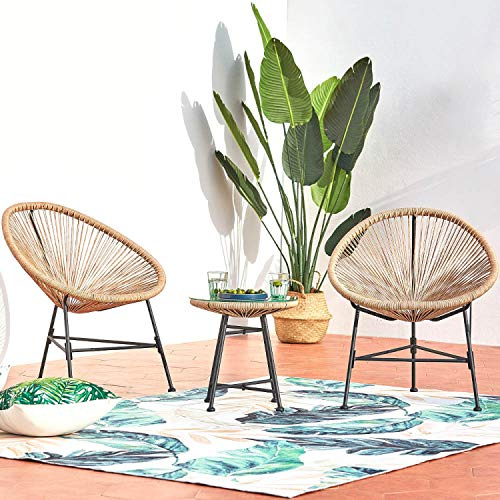Concept-Usine | Juego de 2 Sillones Tipo Huevo + Mesa de Centro Redonda en Color Beige de Diseño Acapulco de Ratán Natural - Cuerdas de Polietileno Resistentes - Hamaca con Asiento - Impermeable
