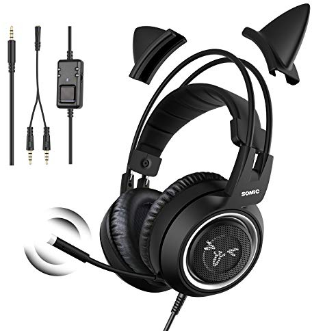 SOMiC Gaming Headphone for Xbox One, Stereo Surround Sound with Noise Cancelling, Removeable Cat Ear Headset with in-line Control for Girls Women