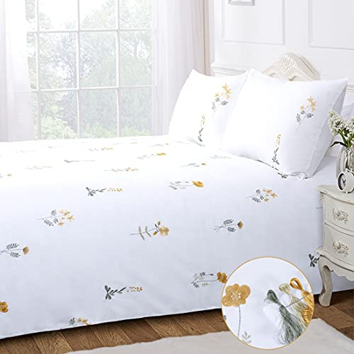 Floral Duvet Cover Set King Size White Yellow Flower Embroidered Girls | Spring Summer Wildflower Bedding Set, Luxury Embroidery Blossom for Girly Bedroom French Country Cottage Feminine 3 Pieces