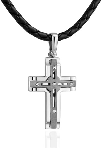 Collier Homme En Cuir Avec Pendentif Croix En Argent Sterling
