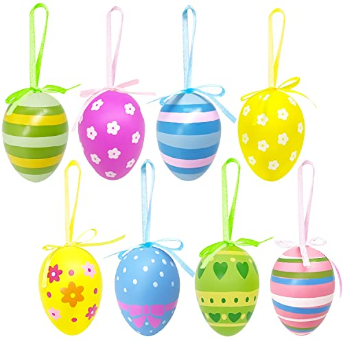 24-teilige Ostereier zum Aufhängen, mehrfarbige Kunststoff, Baumschmuck, dekorative Eier-Ornamente mit verschiedenen Stilstreifen, Punkten, Blumen für die Osterdekoration