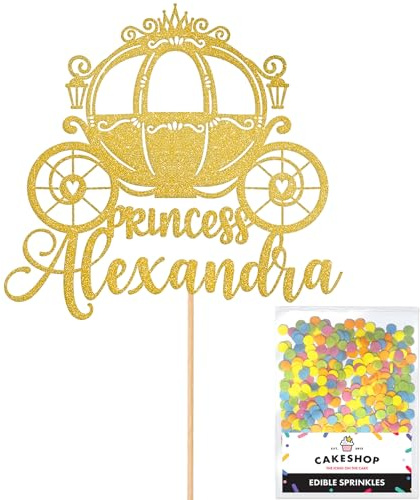 Personalised Princess Carriage Glitter Cake Topper- Gold Any Custom Name Glitter Cake Decoration and Sprinkles - Happy Birthday Decorations - Personalised Toppers for Cakes by Cakeshop
