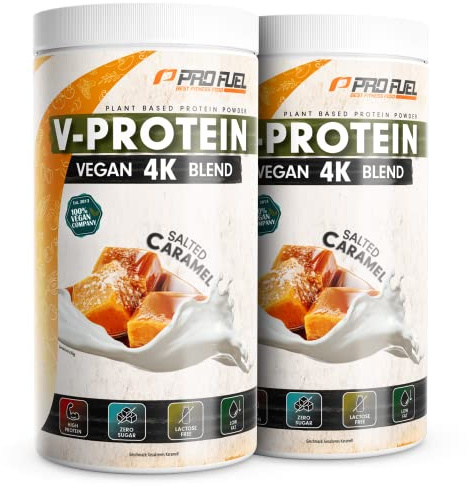 Veganes Proteinpulver SALTED CARAMEL 2x750g – V-Protein 4K Blend - Unglaublich lecker & cremig - Aus Sonnenblumen, Soja, Hanfsamen & Kürbiskernen | Pflanzliches Eiweißpulver mit 78% Eiweiß