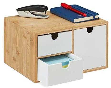 Relaxdays Lådlåda, bambu och MDF, minibyrå 3 lådor, HBT: 14,5 x 25 x 20 cm, skrivbordsförvaring, natur/vit