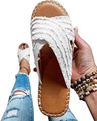 Onsoyours Schlappen Damen Espadrille Sandalen Flache Sommer Bohemian Sandaletten Peep Toe Strand Hausschuhe Criss Kreuz Slippers Flip Flop Sommerschuhe A Weiß 43 EU