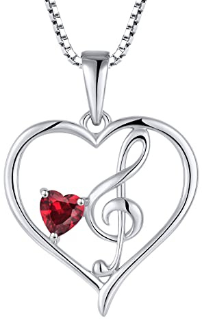 Starnny Collier Clé de Sol Cœur Argent 925/1000,Pendentif Note de Musique Pierre de naissance de Janvier Grenat 3A Zirconium Bijoux Cadeaux pour Femme