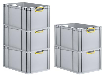 PROREGAL SuperSparSet 5x Eurobox NextGen Color | HxBxT 32x40x60cm | 65 Liter | Griffe gelb offen | Verstärkter Boden | Eurobehälter, Transportbox, Transportbehälter, Stapelbehälter