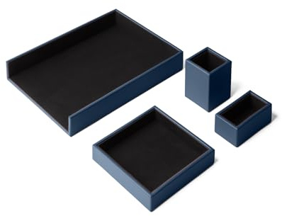 Eglooh - Atena - Schreibtisch Set Echtes Leder Blau - Schreibtisch Zubehör mit 4 Stücken: Taschenleerer, Stiftehalter, Ablagefächer, Visitenkartenhalter - Made in Italy