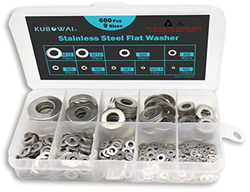KUBOWAI 600 Stück Unterlegscheiben Set, Edelstahl Flach Unterlegscheiben, mit Sortimentskasten, M2, M2,5, M3, M4, M5, M6, M8, M10, M12 (9 Größen)
