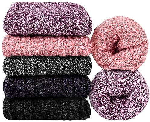 YSense Beau tjocka damstrumpor 5 par merino ullstrumpor varma stickade strumpor damstrumpor termostrumpor för kvinnor vinter, Rosa, lila, svart, mörkgrå, 36-42 EU