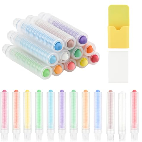 lasuroa 12 Stück Staubfreie Kreide mit Halter, mit 1 Magnetischem Kreideaufbewahrungshalter und 1 Tafelradierer, Farbige Kreide mit Halter Staubfreie Kreide für Kinder, Tafel, Zeichnen, Schreiben
