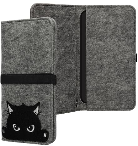 kwmobile Filz Tasche für Smartphones - mit Gummiband - Handy Filztasche Schutztasche Neugierige Katze Grau Schwarz - 17,2 x 8 cm Innenmaße