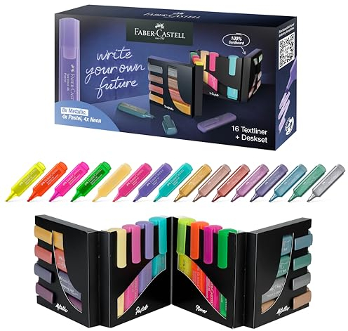 Faber-Castell 254603 Set di 16 Evidenziatori in un Organizer da Scrivania, Set Evidenziatori Pastello, Metallici e Neon, Punta a Scalpello di Precisione, Design Ergonomico Piatto