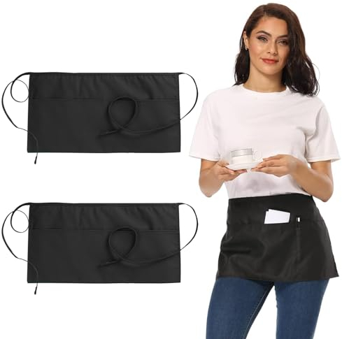 MytaYt 2 Pezzi Grembiule Nero Cameriere Corto Grembiule Grembiule Cucina Uomo Donna con 3 Tasche per Bar Bistrot Ristorante