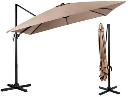 TANGZON 3M Cantilever Garden Parasol, Heavy Duty Offset Patio Umbrella with Crank Handle, Cross Base & 360°Rotation, Outdoor Square Hanging Sun Shade Roma Umbrella (Beige)