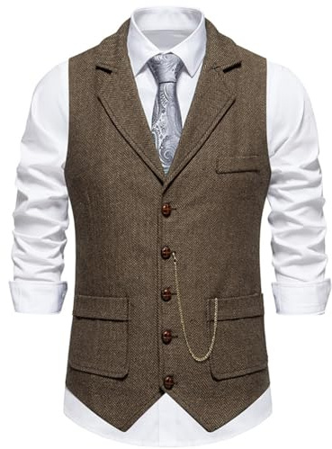 Gilet en tweed pour homme, style classique, sans manches, style décontracté, à carreaux, idéal pour les costumes de soirée, Marron classique, XL
