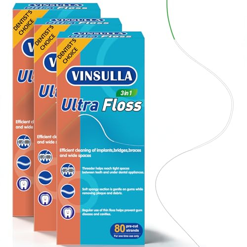Super Zahnseide für Zahnspangen,vorgeschnittene Stränge,Einfädler & Schwamm | Expandierende Zahnseide für Brücken & Implantate, für enge Kontakte, Retainer, PFAS- & PTFE-frei,240 Stück（3er-Pack）