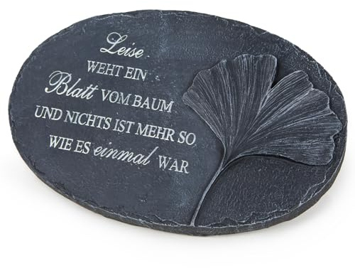 Logbuch-Verlag Künstlicher Stein Grabschmuck mit Text & Ginkgo anthrazit 24 x 9 x 16 cm frostsicher Allerheiligen Grabdeko