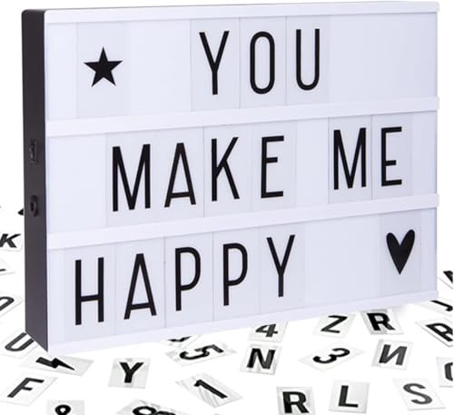 Caja de luz cinematográfica A4 que incluye 90 letras y símbolos de emoji | Caja de luz LED brillante iluminada | Funciona con pilas | Decoración de Halloween Navidad fiesta boda placa tienda