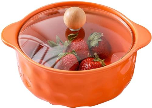 HISMPSOBN Porcelain Ceramic Soup Noodle Bowl，Japanese Instant Noodle Bowl with Lid, French Onion Soup Bowl with Handles, for Dormitory Home Office, Microwave and Oven Safe(Orange 6in)