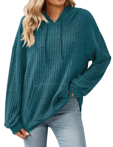 Gemulate Plus Size Christmas Sweatshirts for Women Ladies Soft Jumpers Hooded Sweater Long Sleeve Lightweight Tops for Women Casual Striped Sweaters Dark Cyan L