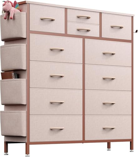 Buluri Kommode mit 12 Stoffschubladen, Komodenschrank mit Seitentaschen und Haken, Holzplatte und Metallrahmen, Stoffkommode für Schlafzimmer, Wohnzimmer, Flur, Kinderzimmer (Rosa)