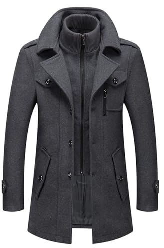 pdodo Abrigo de hombre corto de lana para invierno, corte regular, estilo casual o de negocios, abrigo largo, cálida chaqueta de lana con solapas, abrigo de cachemira de un solo color, gris, XXL