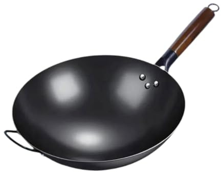 MagiDeal Padella Wok ferro Forgiatura manuale Padella in ferro Cottura Non rivestimento Gas Padelle tradizionali Pentole universali Wok cinese Wok, con Orecchio, 32 Cm