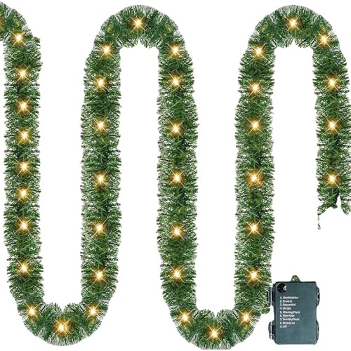 Weihnachtsgirlande – 5m Tannengirlande mit Beleuchtung, vorbeleuchtete künstliche Weihnachtsgirlande mit 50 LED-Lichtern für Treppen, Kamin, Haustür, Weihnachtsdekoration