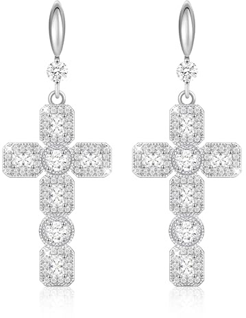 Linawe Imitation Diamond Silver Cross Earrings for Women, Hypoallergenic Rhinestone Dangle Earrings, Cubic Zirconia Sparkly Stone Dangling Drop Earrings, Cross Costume Earrings