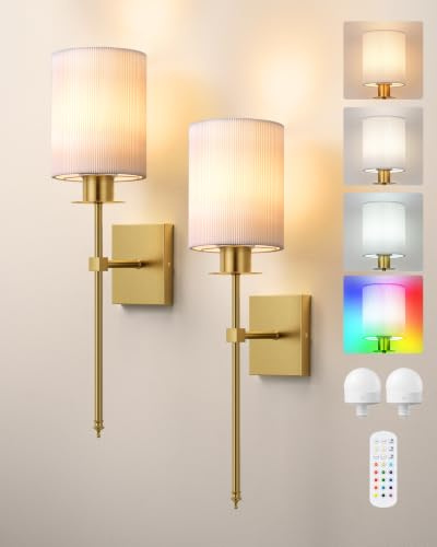 EDISHINE Wireless Wall Sconces Set of 2, Rechargeable Remote Control Bulb | RGB Dimming (10‑100%, 3000‑6500K), Electroplated Bronze, Knife‑Edge Shade, USB Rechargeable Wall Light for Bar, Kitchen, Loft