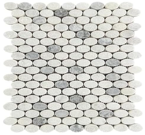 SuperDeal Lot de 10 carreaux de mosaïque en marbre naturel Ellipse Carrara - Pour sol, mur, salle de bain, toilettes, douche, cuisine, revêtement de comptoir