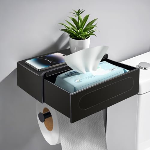 Toilettenpapierhalter Ohne Bohren, Klopapierhalter Mit Feuchttücherbox, Schwarz Klorollenhalter mit Schublade Ablage Papier Halterung für Badezimmer