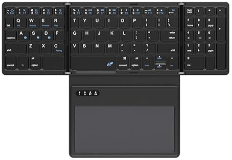 ZhenBaoTian Portable Leather Tri-Folding Thin folding Foldable Wireless Bluetooth Travel keyboard with Touchpad mouse Trackpad NumberPad Rechargeable Tri Folding Keyboards for IOS Windows Android OS