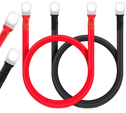 JULIK Lot de 2 Câbles de Batterie de Voiture 35 mm² 100CM 12V 2AWG - Câble de Démarrage - Câble De Masse avec Bornes Annulaires M10 - Câble de Connexion en Cuivre pour Voiture, Moto