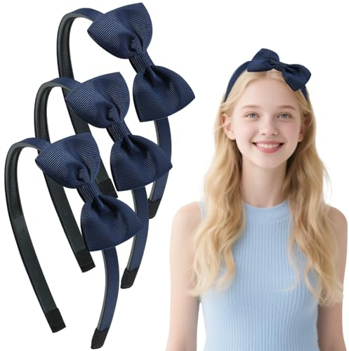 3 Pcs School Bows Headbands, Elastic Alice Bands with Bow Design for Girls Women Hair Design, Ideal for School Parties, Cheerleading(Blue)