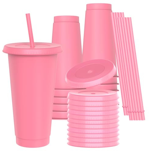 OZMOJOO 710 ml (24 Floz) Kunststoffbecher mit Deckel und Strohhalm (12 Stück) - Stabil & lebensmittelecht, wiederverwendbare Trinkbecher für Eiskaffee, Milchshakes, Smoothies - Rosa