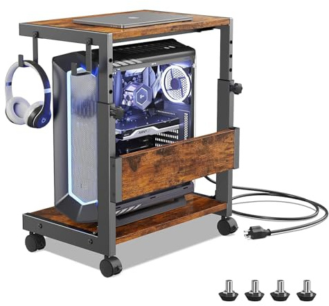Supporto a torre per computer regolabile in altezza con carrello ATX a 2 livelli, supporto per computer da pavimento, supporto per stampante con spazio di archiviazione, ruote di bloccaggio, si adatta