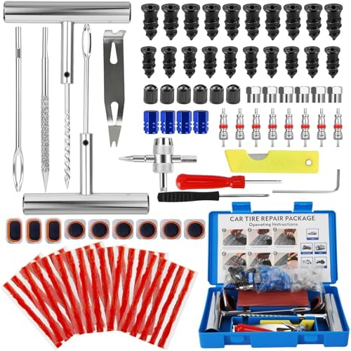 QUOTRE 95 Pezzi Kit di Riparazione Pneumatici, Kit Riparazione Pneumatici Auto, Kit di Riparazione di Gomme Heavy Duty, Adatto a Auto Elettriche, Biciclette, Automobili, Moto e Altri Veicoli