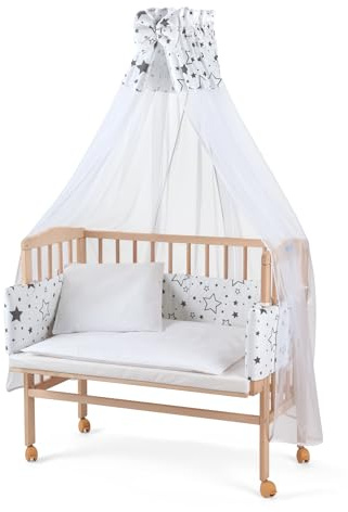 waldin Baby Beistellbett mit Matratze und Stoffen, Höhen-verstellbar, Große Liegefläche 90x55cm, Holz Natur, Weiß/SterneMix