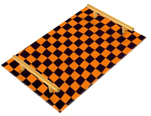 Bandeja grande decorativa a cuadros naranja y negro con asas, bandeja grande para servir joyas, perfumes, bandejas de servicio de alimentos, bandejas para servir café