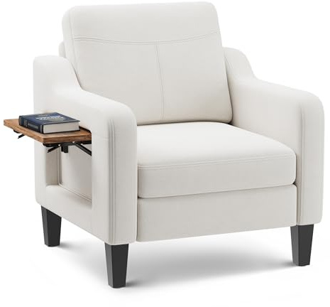 Accent Chair for Living Room Modern Linen Upholstered Armchair Side Wooden Fabric Sofa Chair with Foldable Table 2 Side Pockets Comfy Reading Chair for Bedroom
