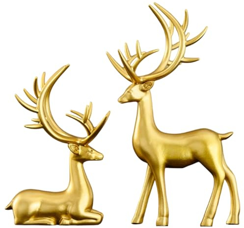 Lawnrden Decorazioni natalizie di renna, 2 pezzi seduti e in piedi figurine di natale in resina fatta per figurine di cervo oro per casa, ufficio, auto | da collezione